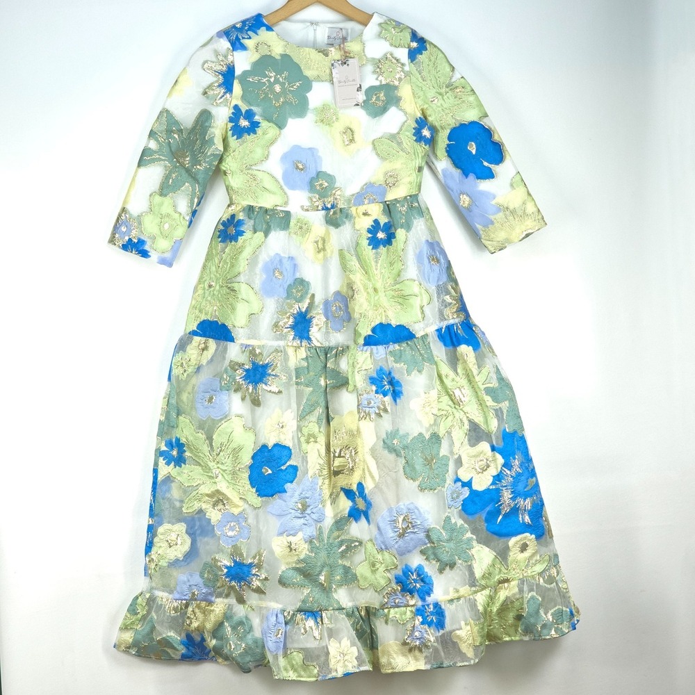 Floral Embroidered Midi Dress in Blue and Green
